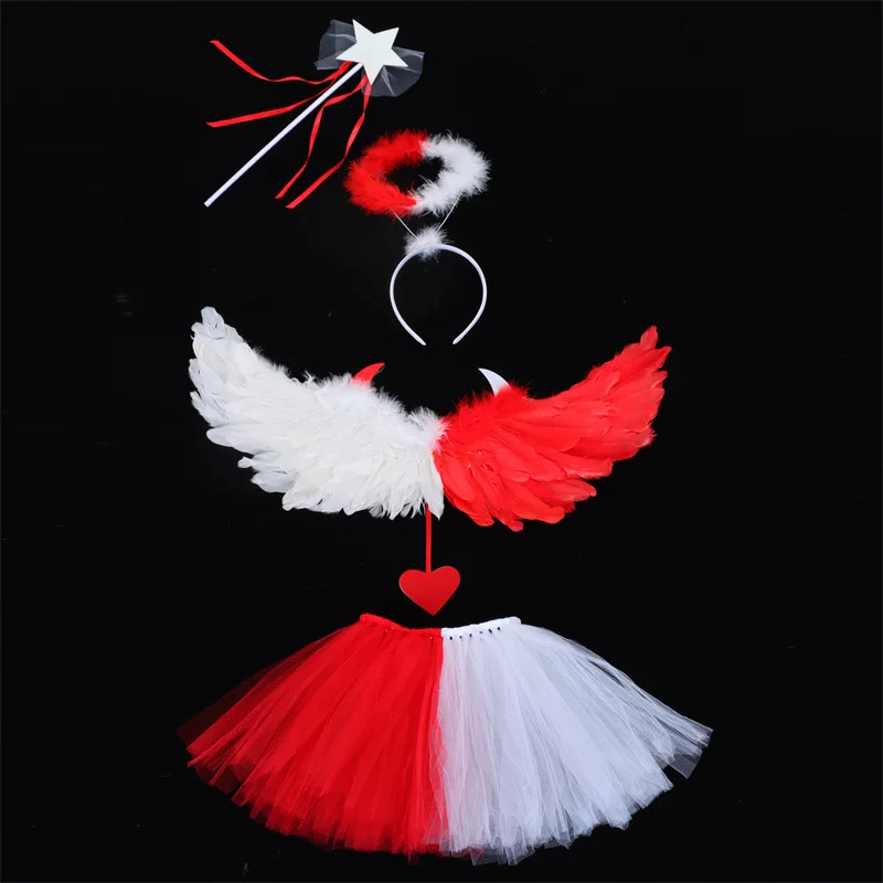 Halloween Witch Demon Costume Set Feather Wing Tutu Skirt Angel Halo Headband Devil Headpiece Evil Magic Stick Black White