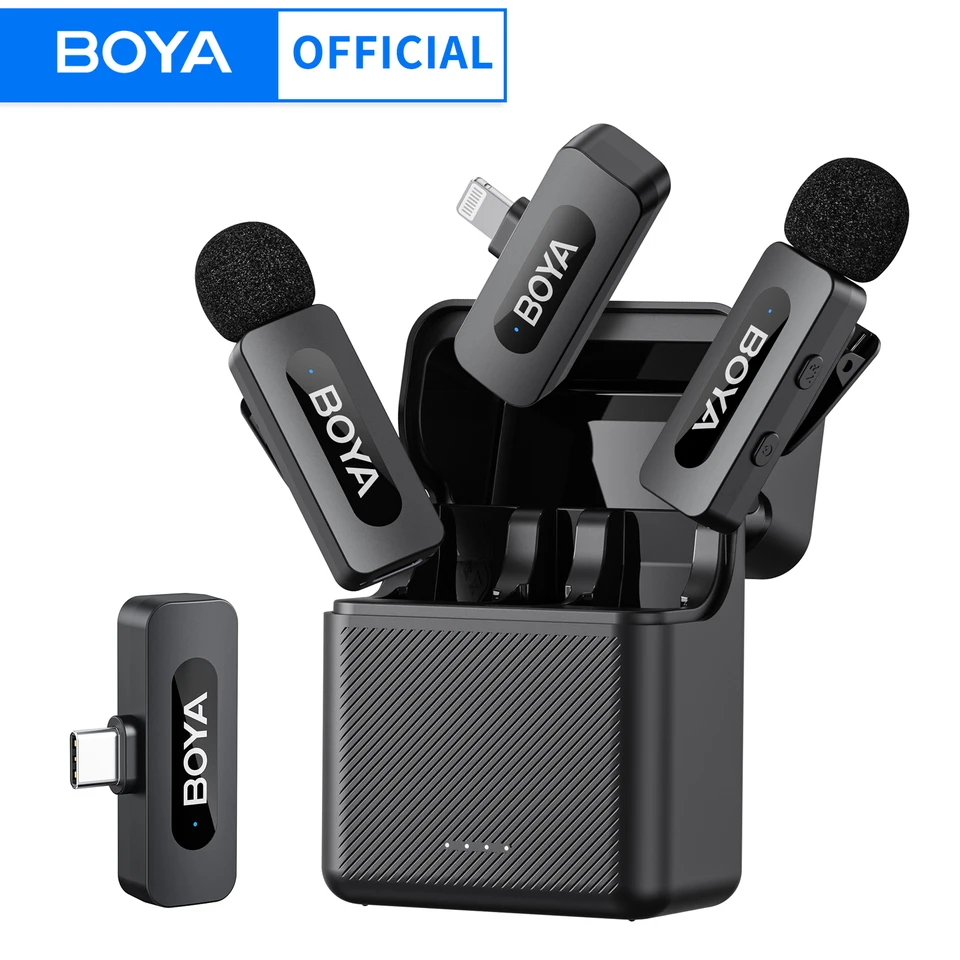 Micrófono de solapa inalámbrico BOYA BY-V3 con cancelación de ruido y recargable para iPhone Android, cámaras, streaming y vlogs