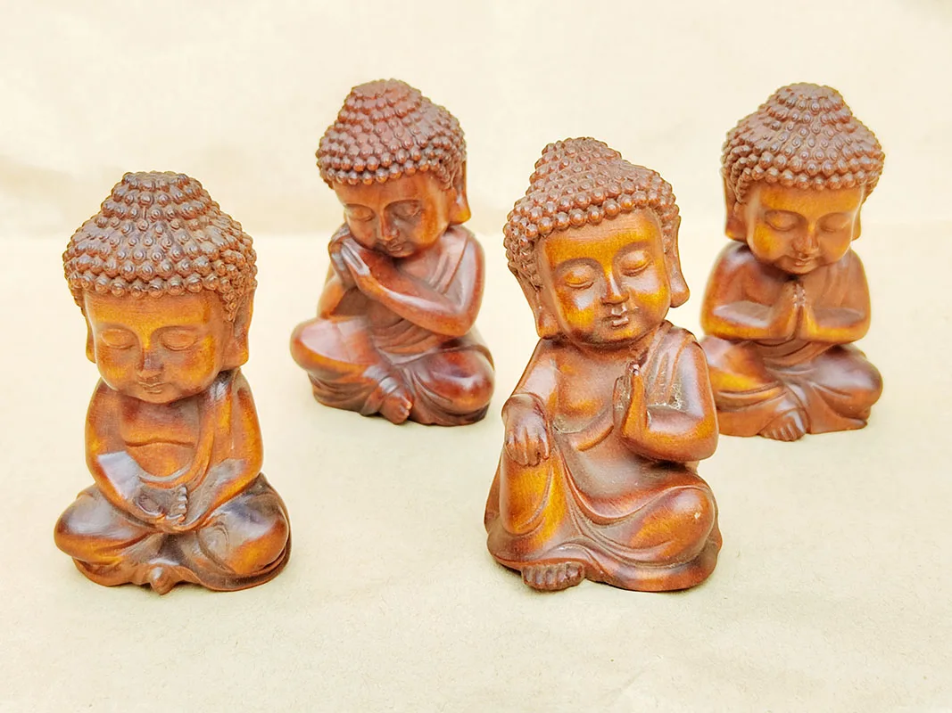 BY274 - 6.8 CM Tall Boxwood Carved Figurine - Set of 4 Little Rulai Buddha Monks