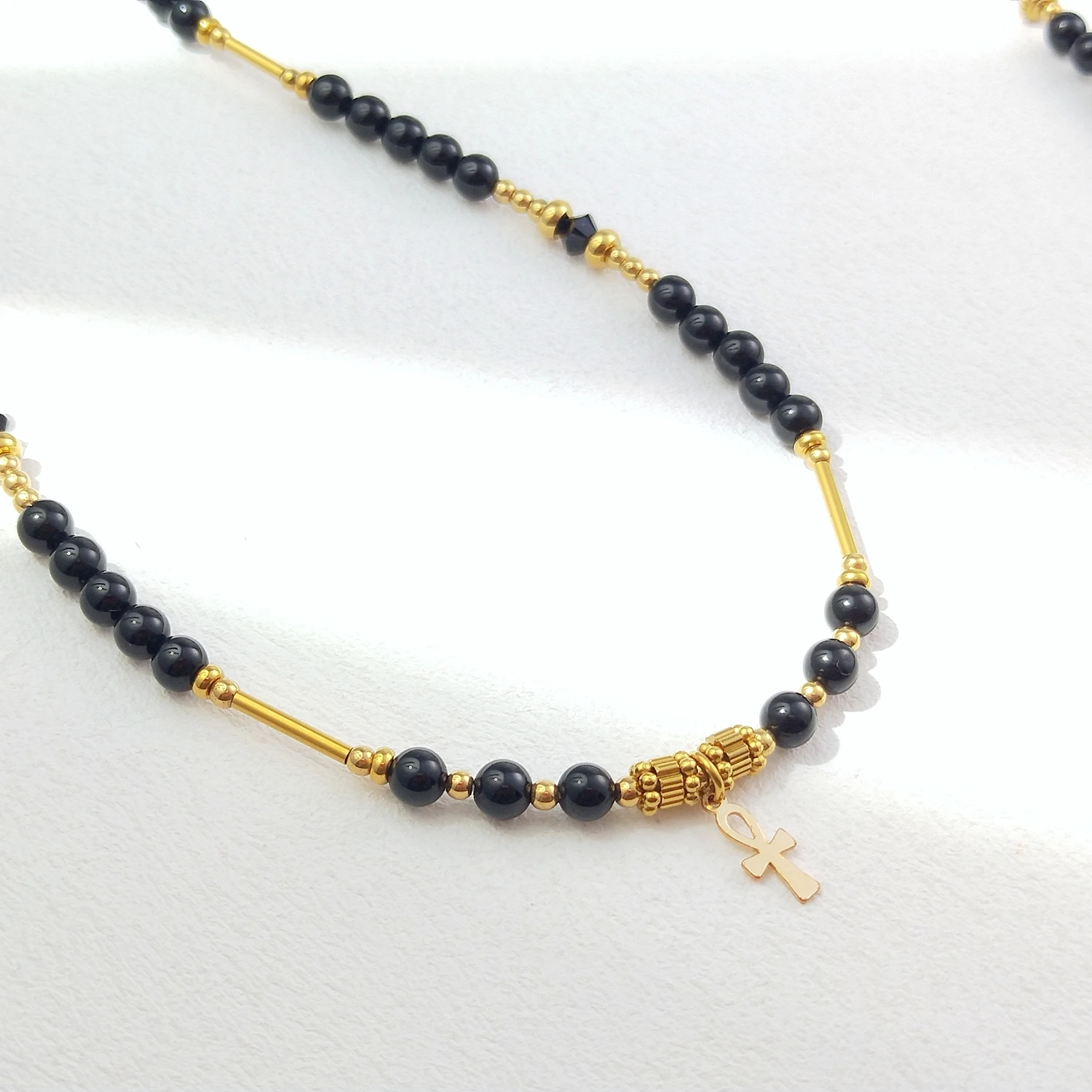Lii Ji 4mm Smooth Beads Black Tourmaline Stainless Steel Waist Chain 87+10cm Natural Stone Jewelry
