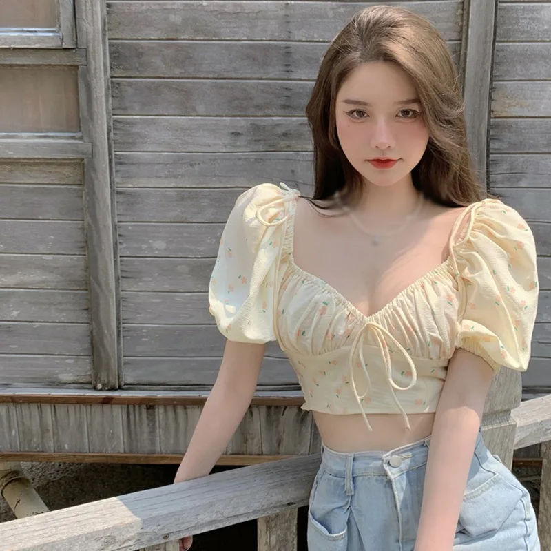 Women Lace-Up Sweet Floral Shirt Spring Summer French Vintage Square Collar Puff Sleeve Folds Elastic Slim-Fit Crop Top Chic