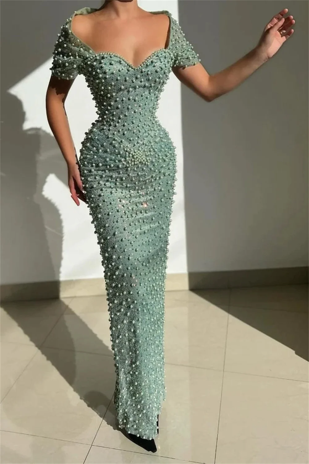 Vestido de novia de lujo con hombros descubiertos, traje elegante de sirena con cuentas verdes, sin mangas, para fiesta