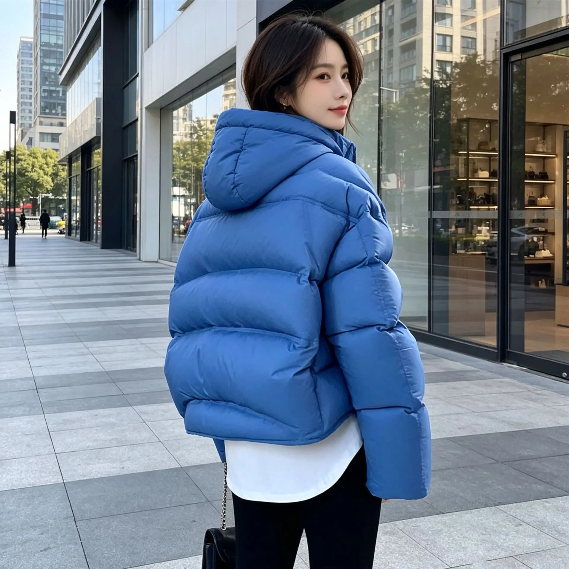 Winter Puff Fluffy Short Hooded Down Jacket Female Thick Button Zipper Bread Jacket Women White Duck Down Warm Quilted Outwears