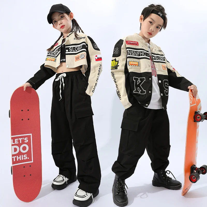 

Tops Cargo Pants for Girl Boy Jazz Dance Costume Clothes Kids Teenage Concert Outfit Hip Hop Clothing Motocycle Coat Crop Jacket