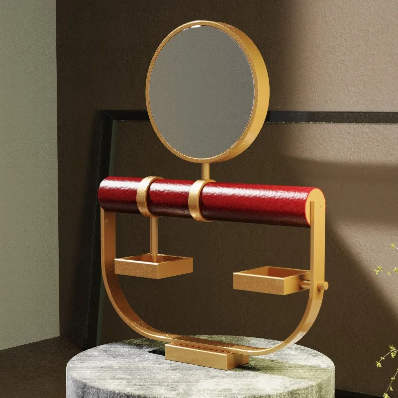 Retro Toilet Makeup Mirror Leather Craft Beauty Bronze Bathroom Mirror Wall-mounted Bathroom Double-sided Display