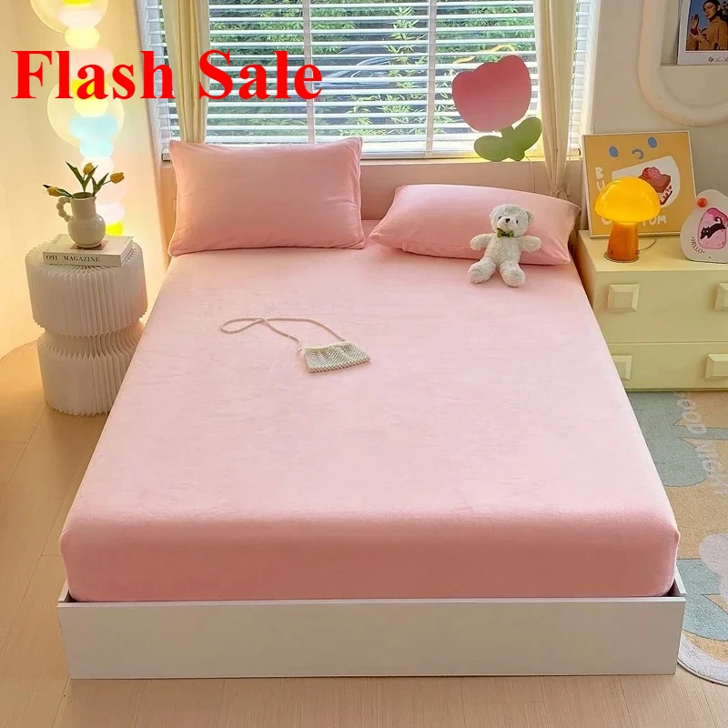 

1Pc New Milk Velvet Fitted Bed Sheets Bedspread Mattress Dust Cover Pure Color Suitable for Bedroom Warm Casual Bed Sheets