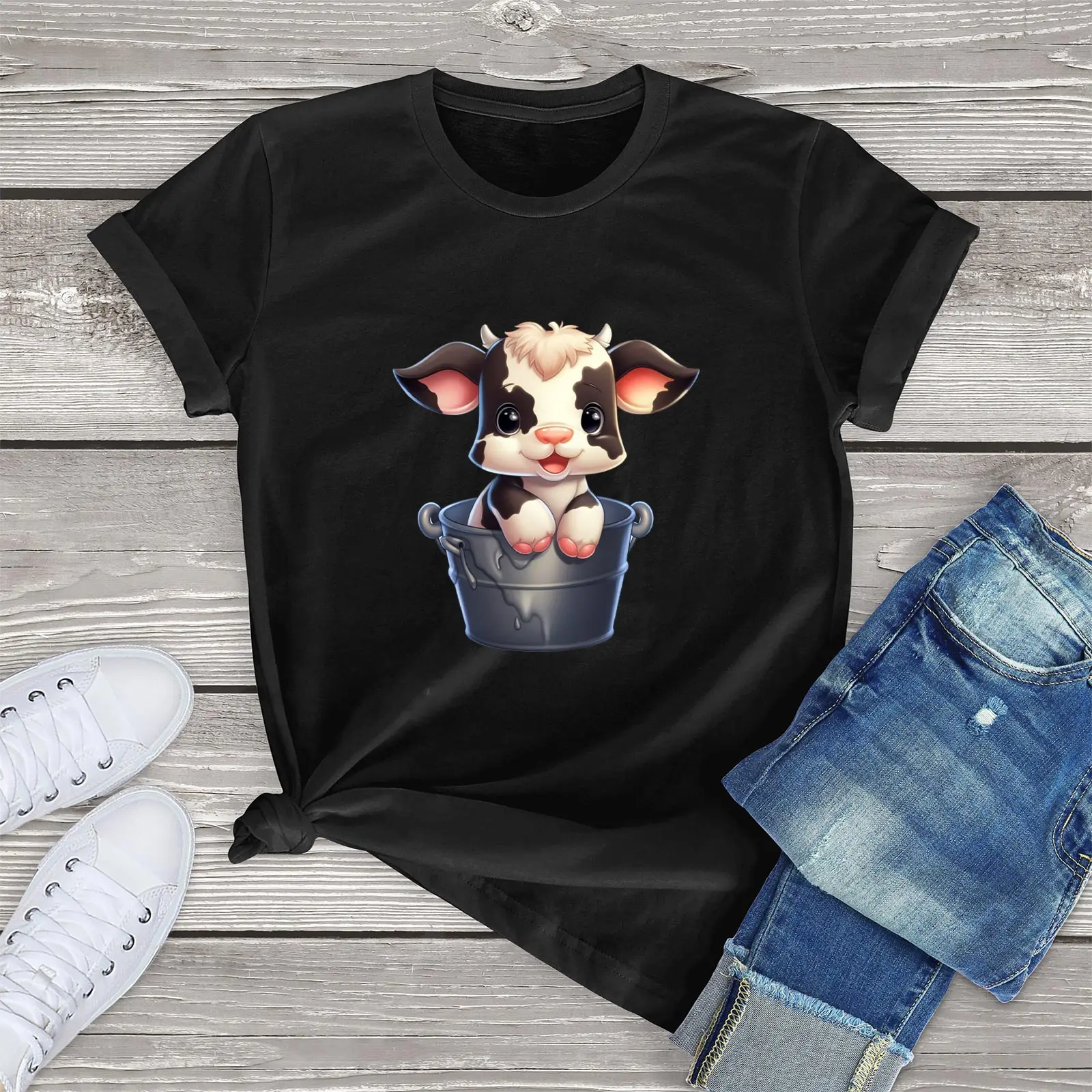 Little Dairy Cattle Printing 100% Cotton Round Neck Male and female Short Sleeve T-Shirt Casual Streetwear Clothing Size XS-3XL