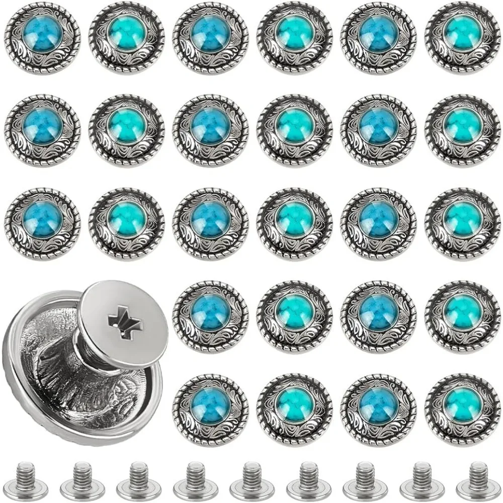 20 zestawów Conchos do skóry 2 kolory grawerowanie stopu ozdobne guziki metalowa śruba guzik z tyłu Retro skórzane nity śrubowe