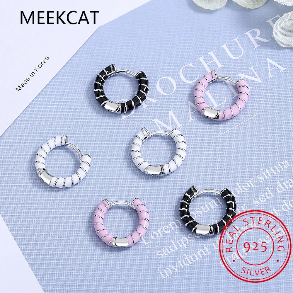 925 Sterling Silver Colorful Enamel Round Ear Buckles for Women Pink & White & Black Glaze Twist Hoop Earring Fine Jewelry Gift