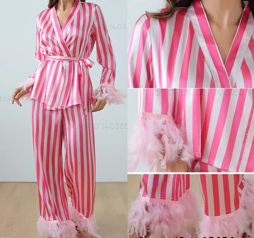 

Pink Stripes Cardigan Trouser Pajamas Set Spring Autumn Long Sleeve Pijamas Suit Sleepwear Loose Casual Silk Satin Homewear