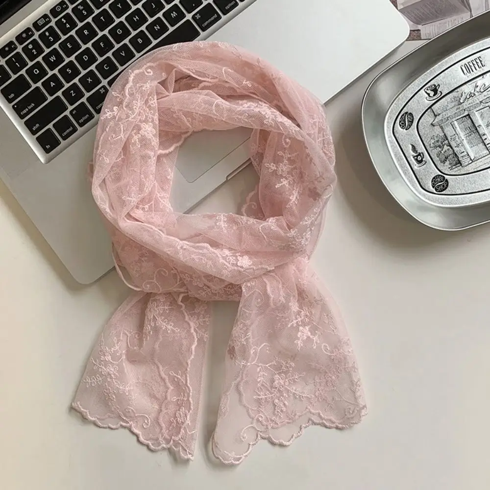 

Элегантный длинный кружевной шарф с цветочной вышивкой, легкий, дышащий, однотонный, для защиты шеи, солнцезащитный, летний.