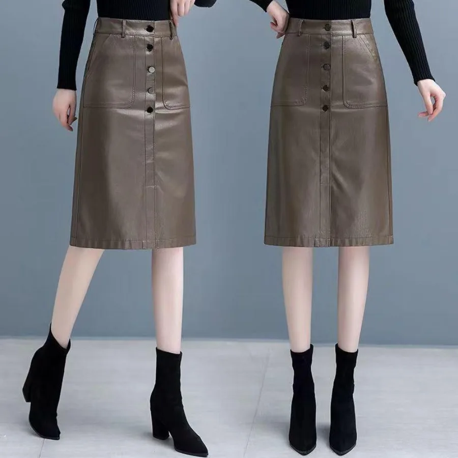 

【HOT】Leather skirt women's bust skirt in autumn and winter new high waist large size bag slimming all-matched medium-length sho