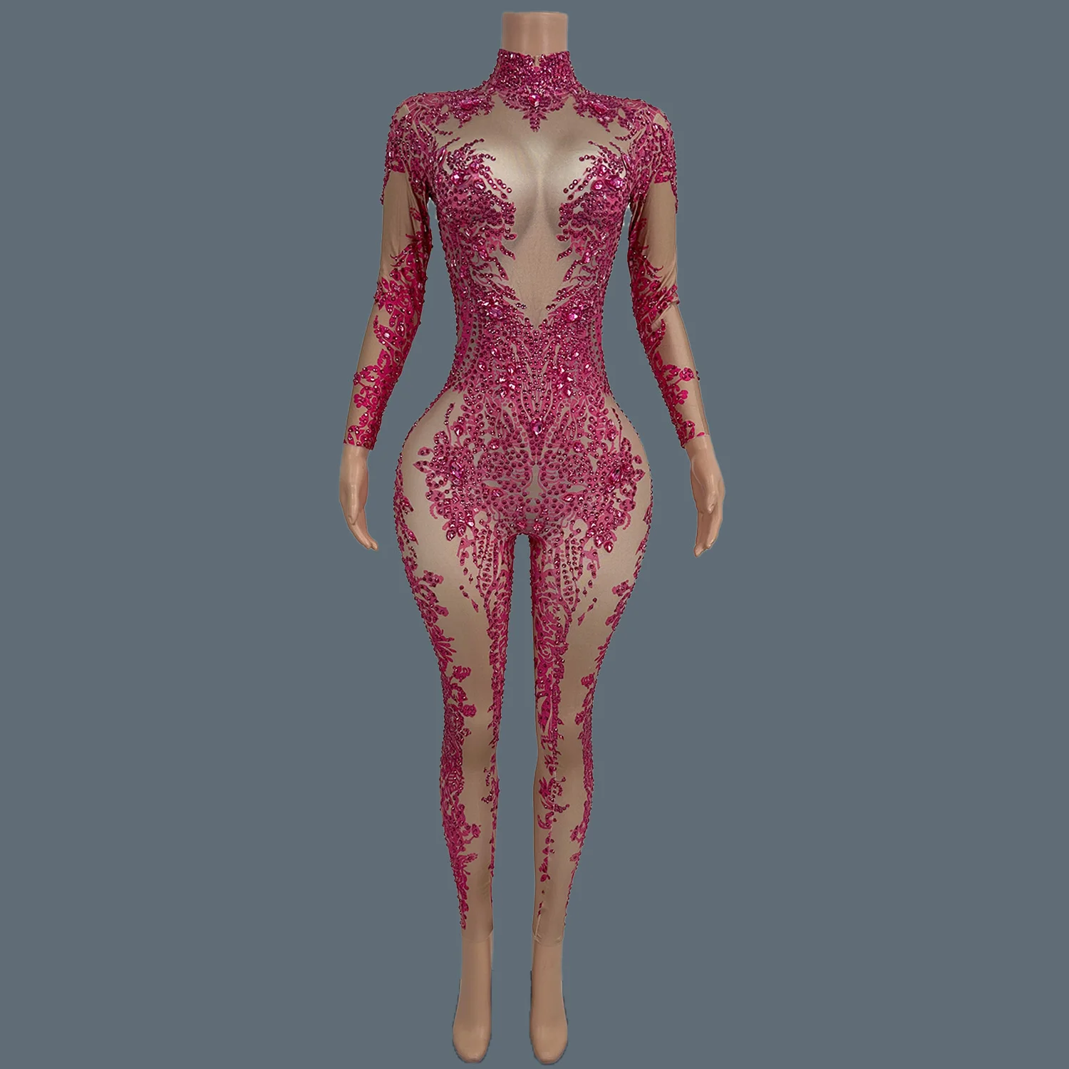 

Sparkly Rhinestone Print Spandex Elastic Bodycon Jumpsuit Nightclub Party Stage Club Show Costume Dance Skinny Wear Xiaotaohong