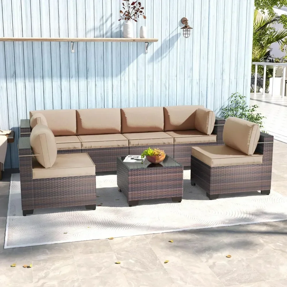 

7 Piece Patio Furniture Sets Outdoor Conversation Sofa Set, All-Weather High Back PE Rattan Wicker Sectional Furniture