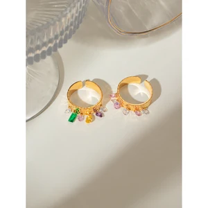 Open anti-allergic ring of stainless steel for women, 18K gold bathed, hammer grain pattern, colorful natural stone, charm, daily jewelry 11 Main Sales Hammer Gold - №3