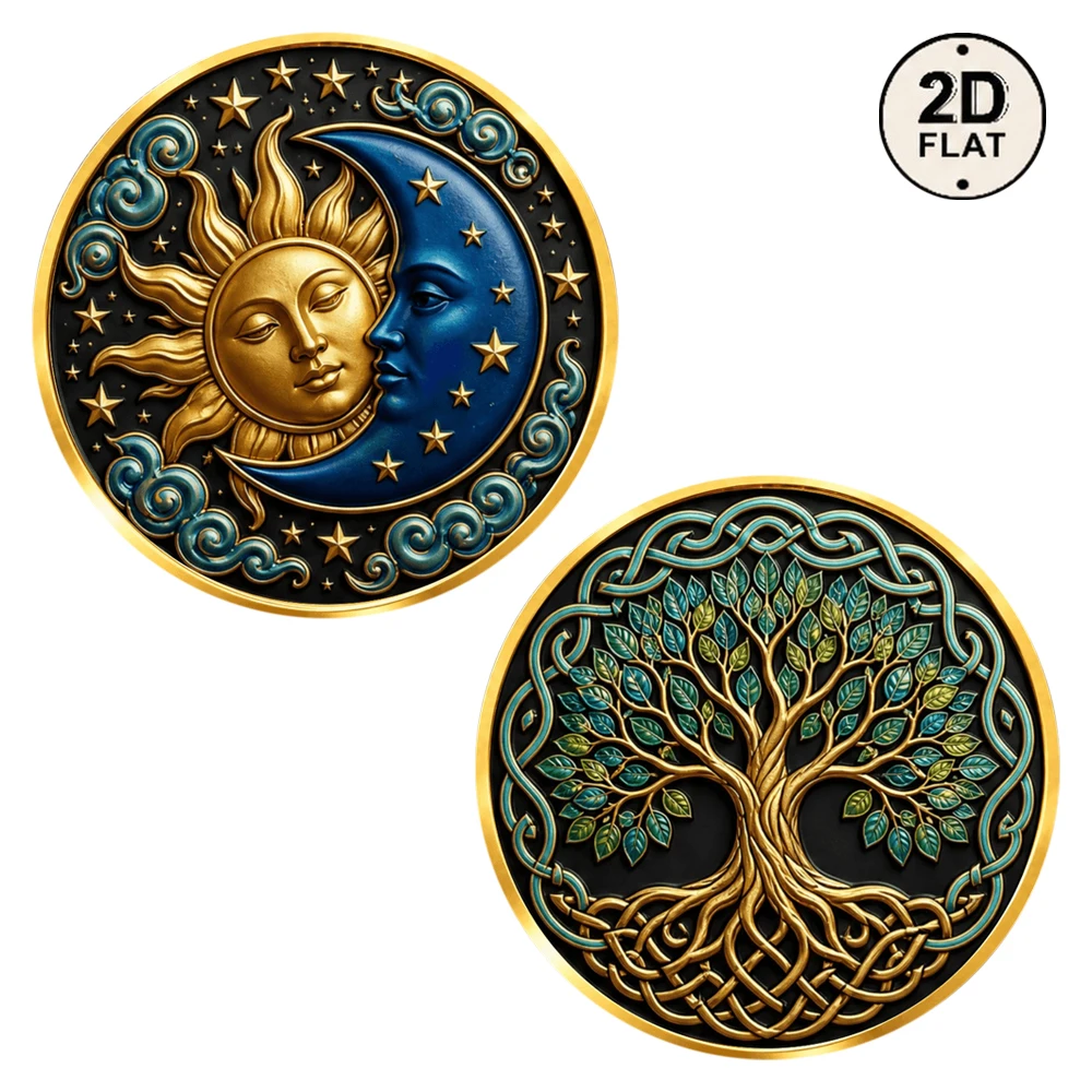 1pc Sun Moon Face Tree of Life Metal Challenge Coin 2D Print Celtic Knot Star Cloud Collectible Medal Spiritual Art Lover Gifts
