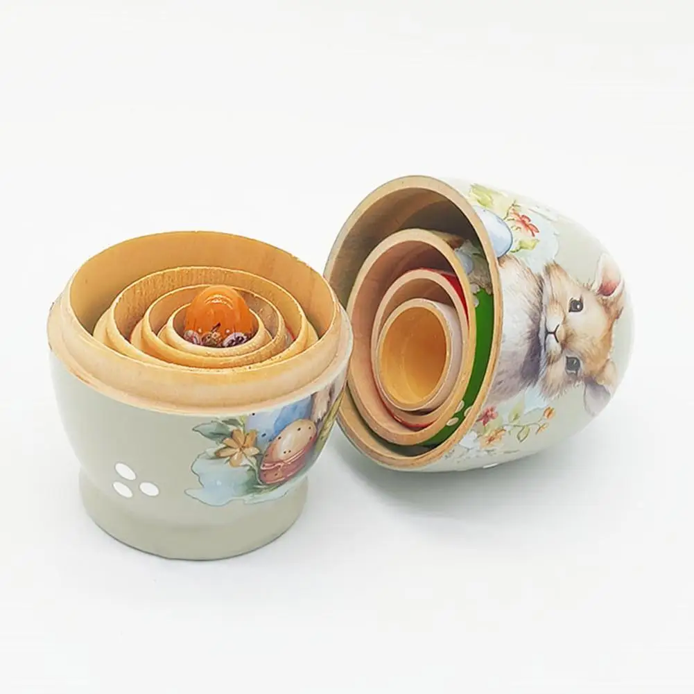 

Wooden Easter Bunny Nesting Dolls, 5-Piece Hand-Painted Russian Style Spring Rabbit Figurine for Dining Table Holiday Home Decor
