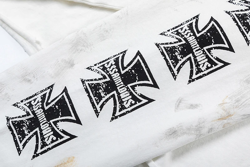 Stain Long Sleeve Sssaint Louis Graffiti Cross Label T Shirt Men Women Black White Washed Loose Hole Damaged T-shirt Tops Tee image 5