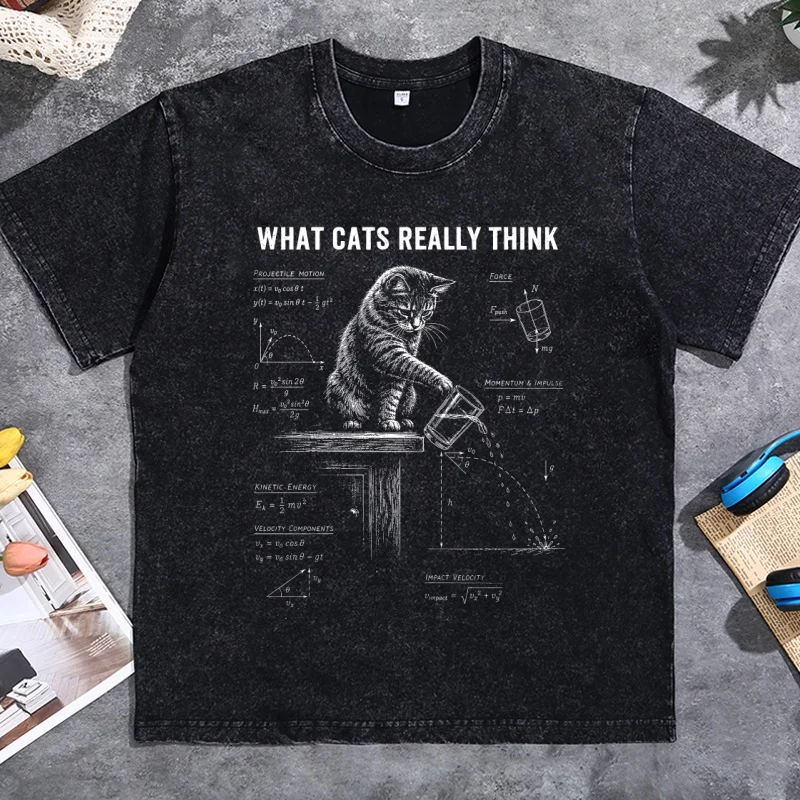What Cats Really Think T-Shirt Funny Cat Physics Tee Cat Knocking Glass Graphic T Shirts Casual Round Neck Printed Tshirts