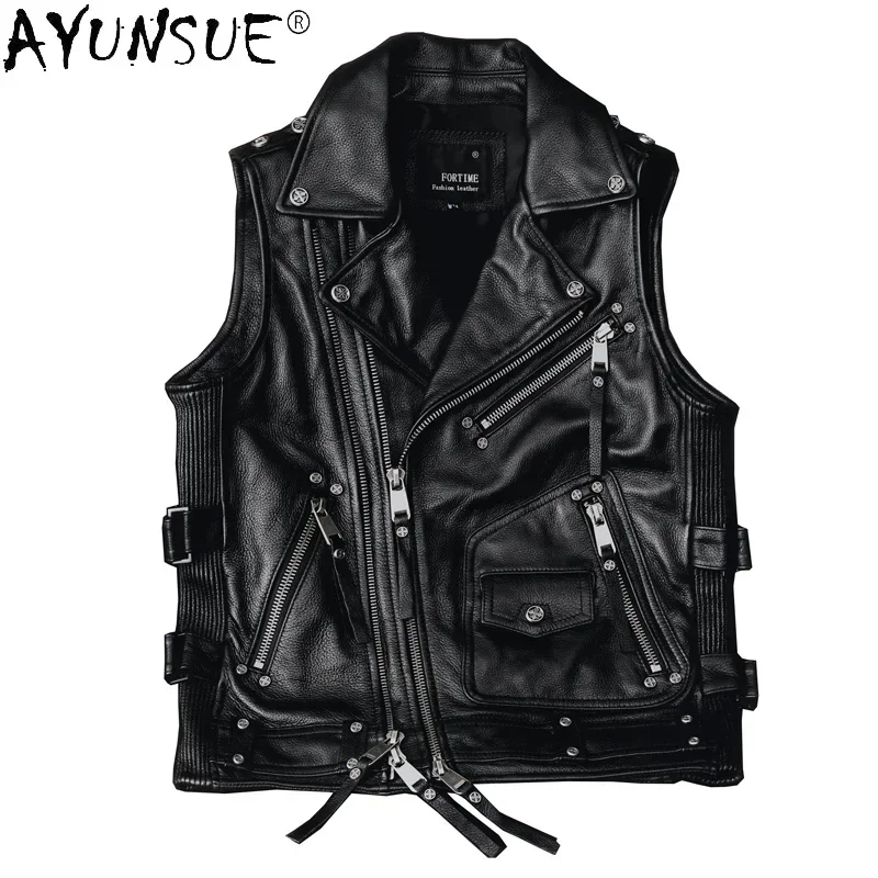 Ayunsue Motorfiets Echt Leren Vest Heren Hoge Kwaliteit Heren Jacks Biker Koeienhuid Jas Plus Maat 5xl Lente 2024 Veste Homme