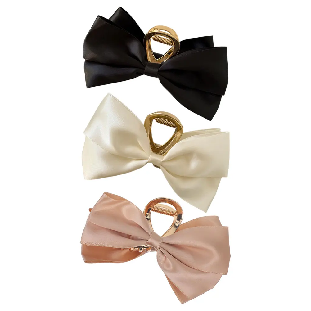 

3 Pcs Satin Clips For Accessories Hair Clips For Women Women Thick Hair Black Beige Khaki Stylish Casual Formal
