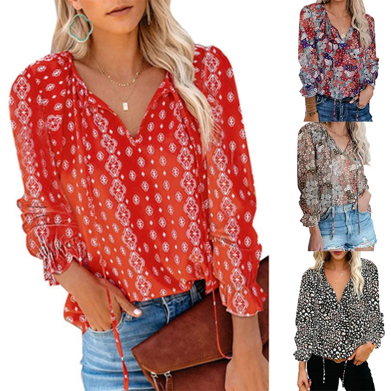 

2025 New Women's Shirt Long Sleeve Loose Floral Print V-neck Lantern Sleeve Thin Blouse for Female