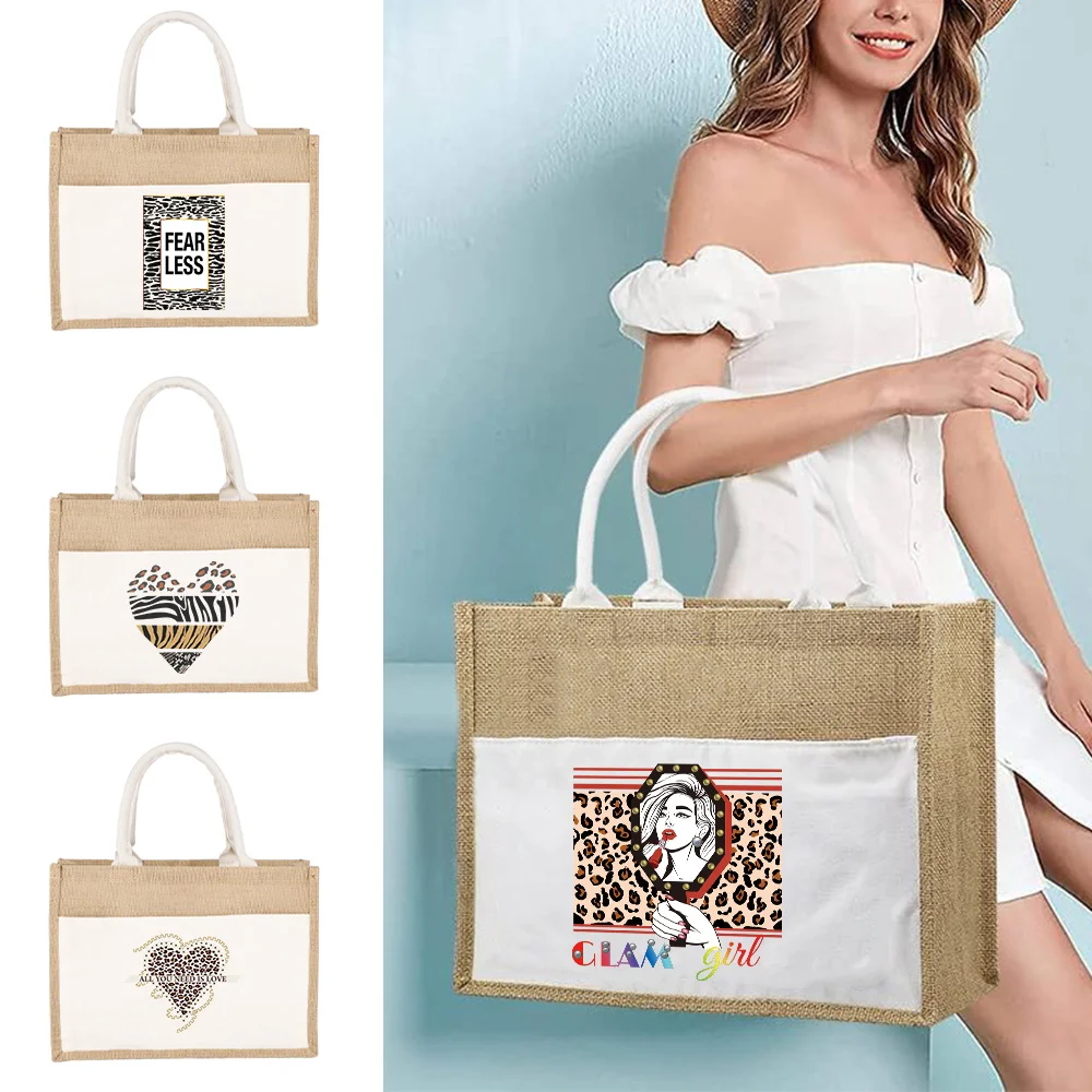 

Shoulder Bag Women Travel Storage Bag Jute Imitation Sacks Linen Bags Picnic Bag Shopping Pouch Handbag Laminated Leopard Theme