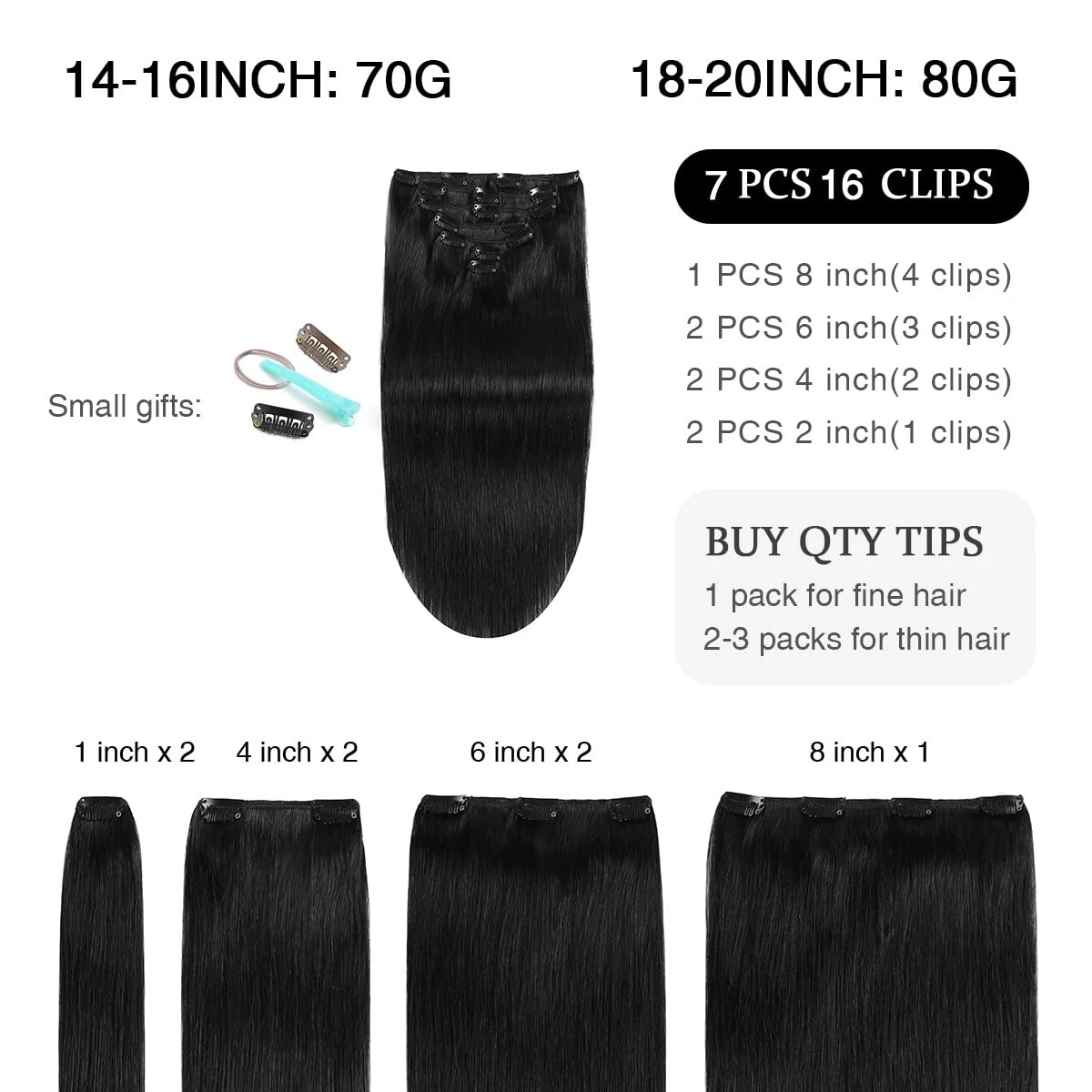 Ninaand-grampo em extensões do cabelo, cabelo humano real, cabelo reto, trama dobro, preto do jato, 120g