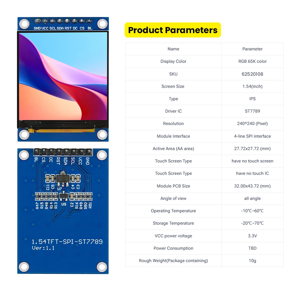 1.54 inch TFT Screen IPS Full-view Display 240*240 ST7789 Driver 65K Color Screen 4-wire SPI Serial Compatible C51/STM32/ESP32