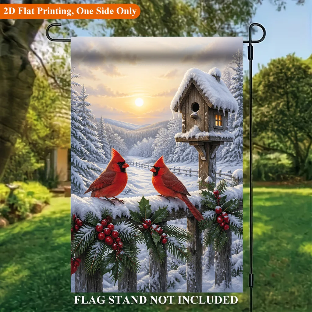 2D Flat Garden Flag 1 Piece, Winter Red Bird Snow Picture Garden Flag, Holiday Yard Outdoor Flag, Suitable for Outdoor Home and Yard Holiday Decoration, Valentine's Day, Mother's Day Christmas, Thanksgiving, Halloween, Flagpole Not Included (Flag Only)