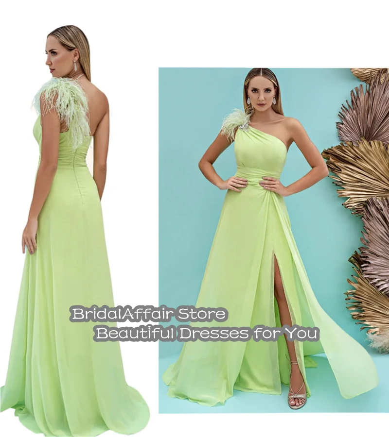 BridalAffair Bright Green Chiffon Long Prom Dress One Shoulder Feathers Beads Side Slit Evening Gowns Women Formal Party Gowns