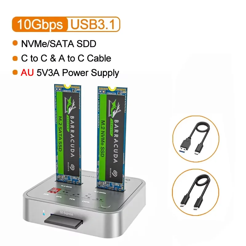 MAIWO M.2 SATA NVMe SSD Docking Station 10Gbps USB-C SSD Duplicator met Offline Clone SD Express Slot Dubbele M.2 SSD Case Reader