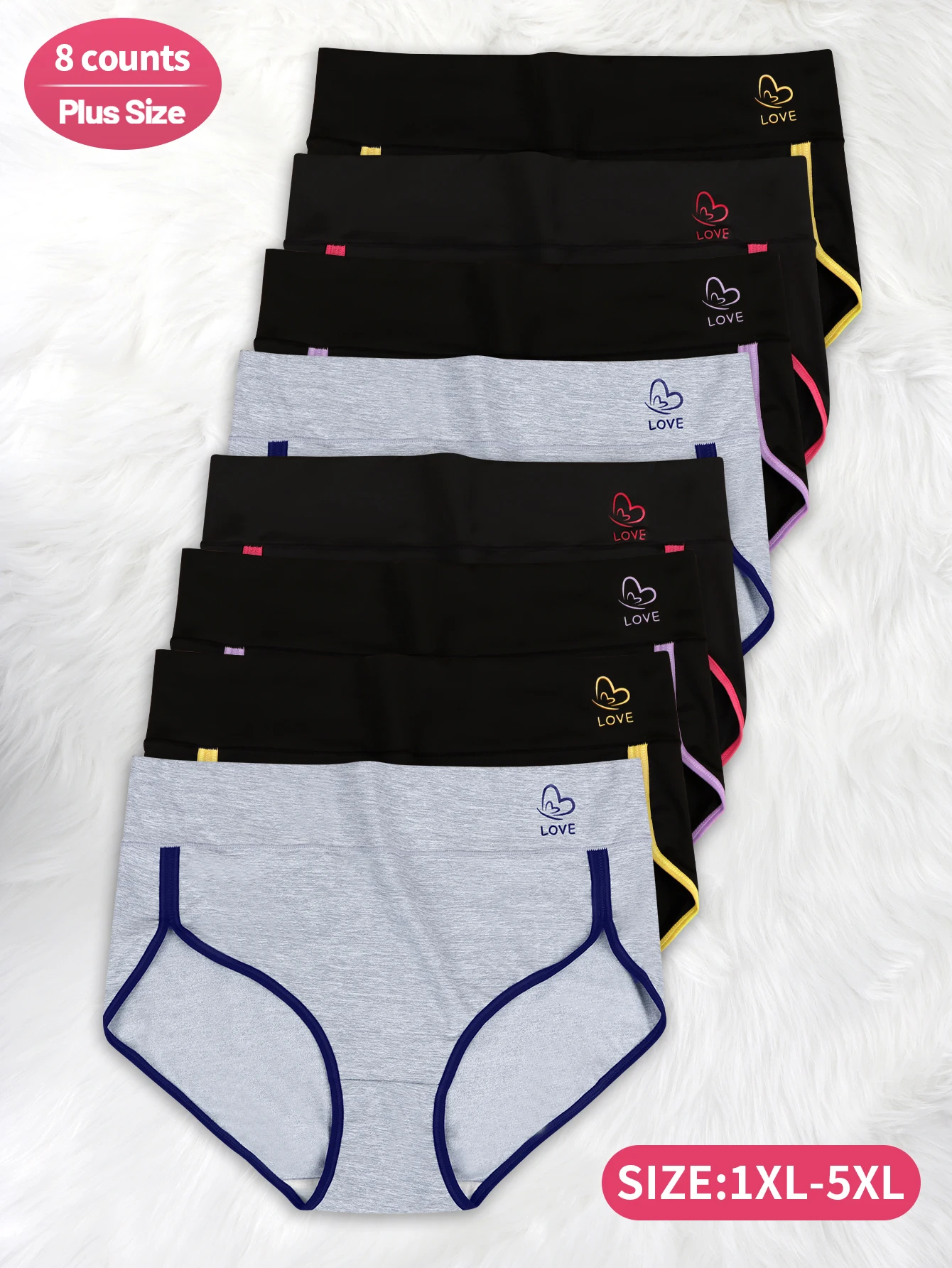 

8 Pack of Large Size Underwear, Women's Underwear, Mid-Waist Underwear, Comfortable, Contrasting Colors, Tummy Control Waistband