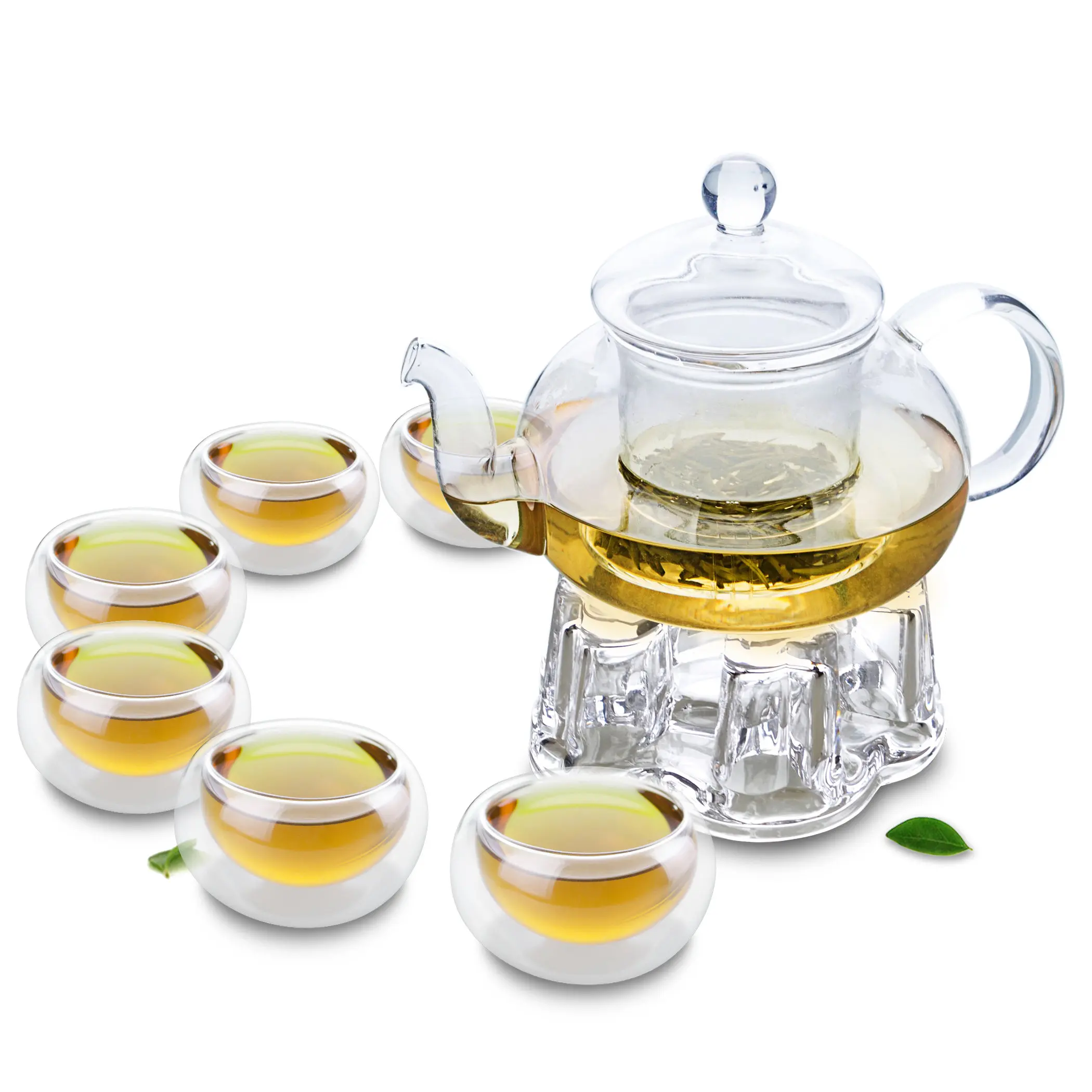 1x Teaset H-1*680ml Heat-Resisting Glass Teapot W/Artistic Lid+6 x Cups+1*Warmer B