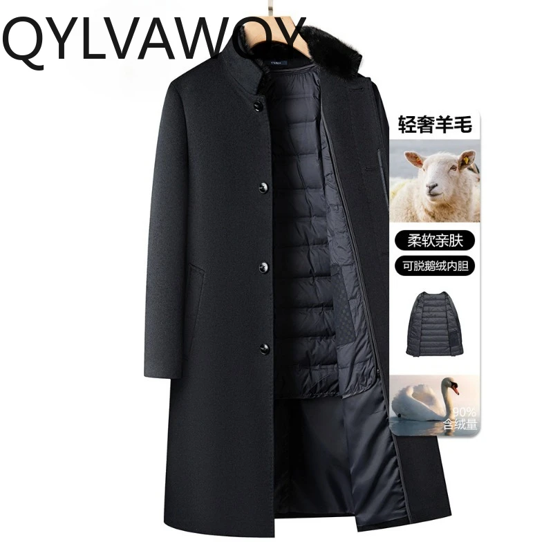 QYLVAWOY 90.2% Sheep Wool Jackets Winter Man Long Wool Coat Detachable Goose Down Liner Man JacketsThicken Warm Clothes for Man