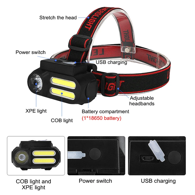 KDULIT Cross-border Multi-function USB Rechargeable COB Headlight Outdoor Lighting Torch 18650 Battery Hiking Fishing Light