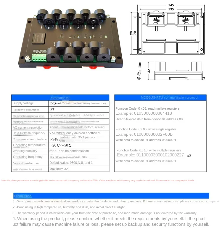 16 Channel 5A AC Current Frequency Measurement and Acquisition Module RS485 Sensor Transmitter