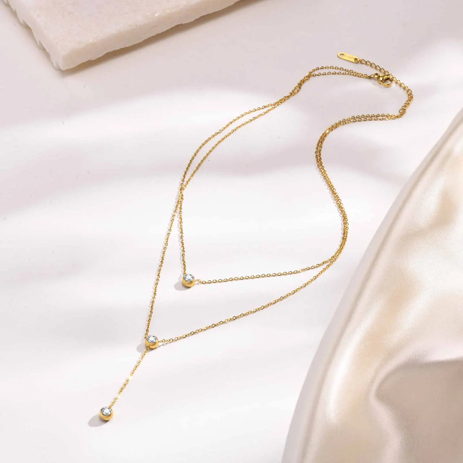 18k Gold Plated Cubic Zirconia Double Layer Necklace Pedant for Women Eleganet Female Lady Gift