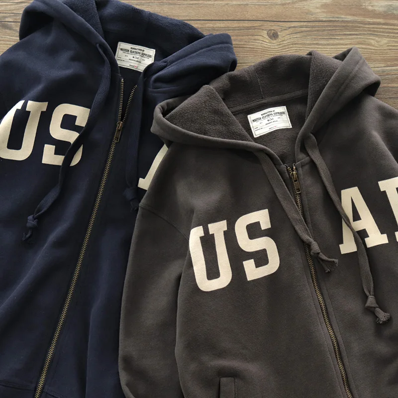 Autumn American Retro Military 490g Cardigan Hooded Sweatershirts Men\'s Fashion Pure Cotton Heavyweight Velvet Printed Hoodies