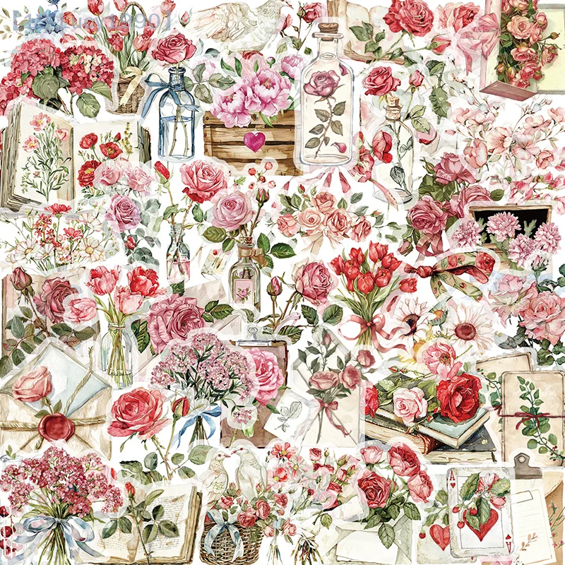 50PCS Waterproof Transparent PET Booklet Flower Material Decorative Guitar Notebook Ink Flower Stickers Pack