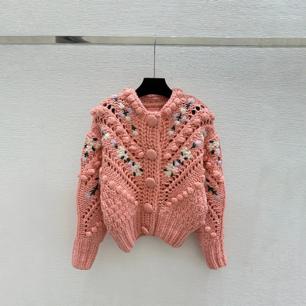 2026 high-quality women's handmade crochet three-dimensional ball embroidery flower thick thread knitted cardigan26101081