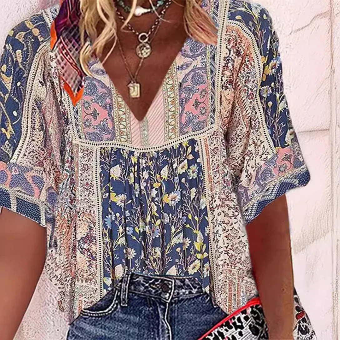 

Свободная женская футболка: летняя новинка, модный принт, V-образный вырез, повседневная, из эластичной ткани, с рукавами «летучая мышь», короткий рукав, тренд сезона