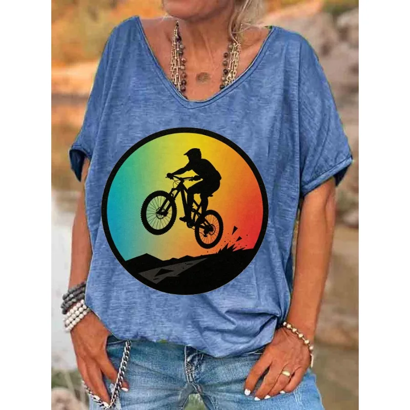 ilstile Women's Cycling Print T-Shirts Summer Holiday Short Sleeve T Shirt Casual Loose V Neck Tops Tees Hot Sale