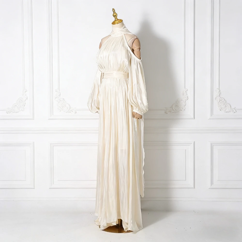 VGH elegante vestido de cinta empalmado con hombros descubiertos para mujer, vestidos de noche lujosos de cintura alta con mangas acampanadas y cuello Halter para mujer