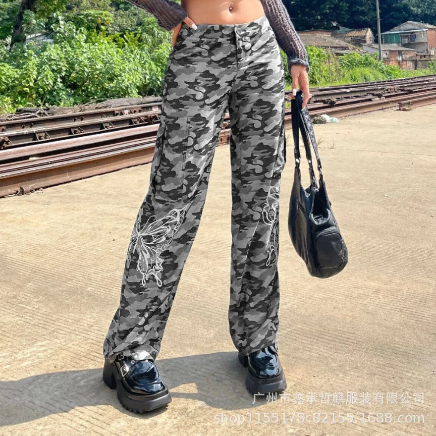 Digital Positioning Printed Butterfly Bent Down Straight and Low Waist Casual Pants