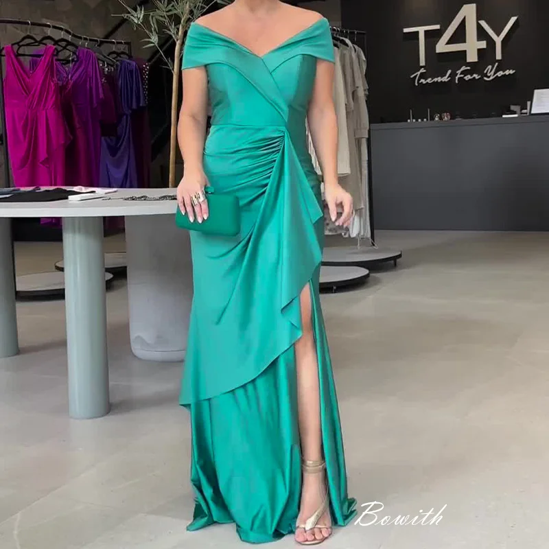 Bowith Fuchsia Mother of The Bride Dresses Off Shoulder V Neck Elegant Evening Dress for Women Gala Dress with Slit vestidos