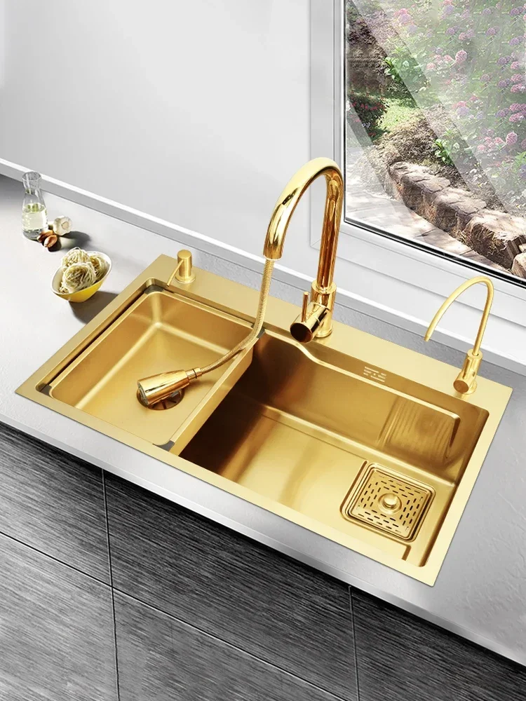 

Gold Nano 304 Stainless Steel Multi-Functional Sink Large Single Sink Drop-in Sink Kitchen Washing Basin Household