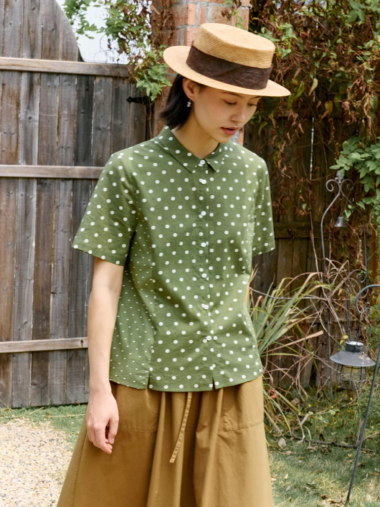 

Spring Summer 2025 Pure Cotton Polka Dot Patchwork ort Sve irt Original Design Slim Fit Regular Length Women's Blouse