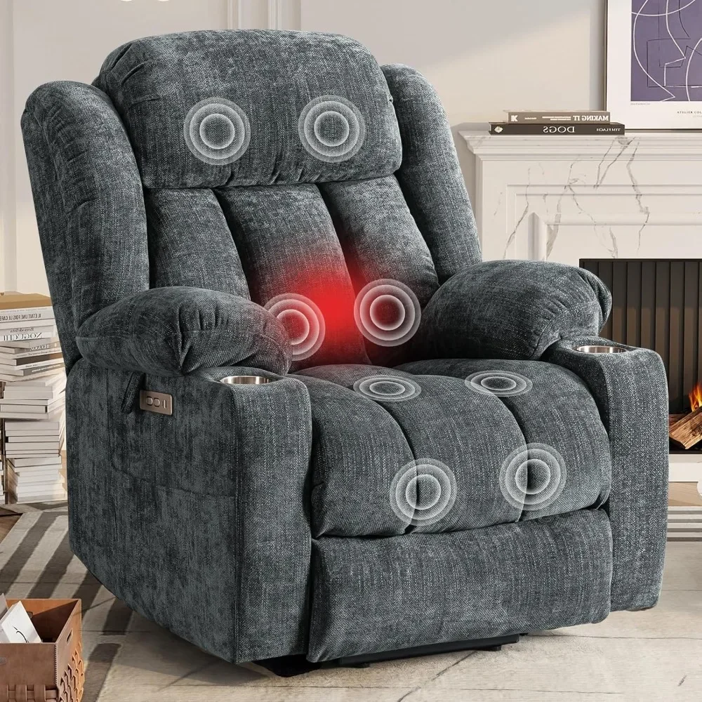 Large Power Lift Chairs Recliners for Elderly with Heat ＆ Massage, USB-A ＆ C, Cup Holder, Side Pocket, Grey Blue, Recliner