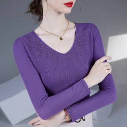M-4XL New 2026 Spring Autumn Long Sleeved Women's T-Shirt Elegant Slim V-Neck Hot Diamond Mesh Tops Solid Color Blusas